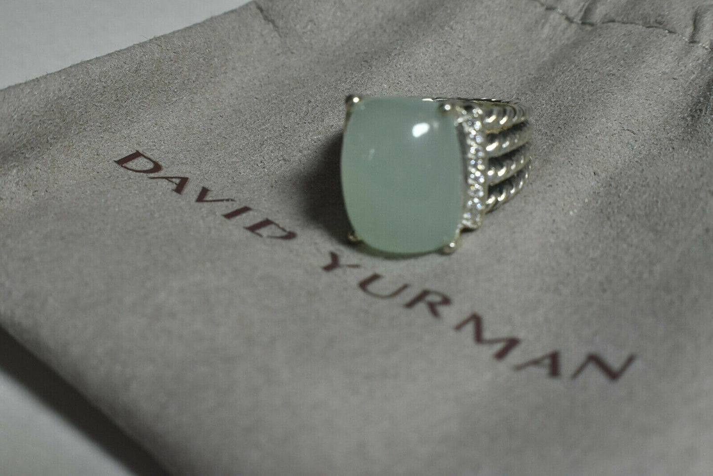 David Yurman Chalcedony Diamond 16 x12mm Wheaton Ring Sterling Silver & Pouch