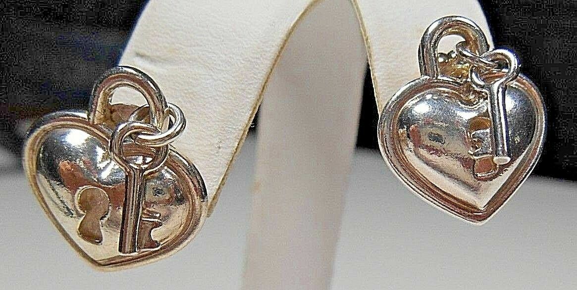 TIFFANY &Co Heart Padlock Lock & Key Earrings Sterling Silver Italy Rare