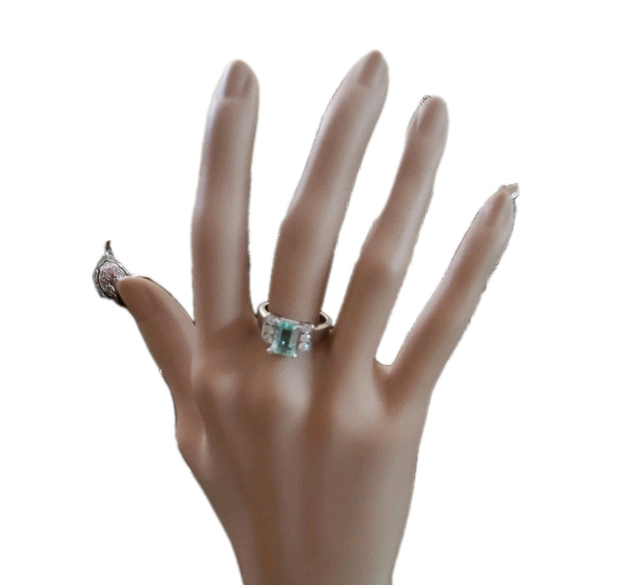 Emerald Cut Emerald & Diamond Engagement Ring / Statement Ring, WG 14K