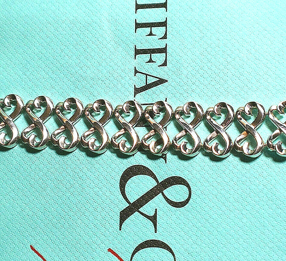 RARE Tiffany & Co Double Loving Hearts Bracelet Silver WIDE Pouch & Box