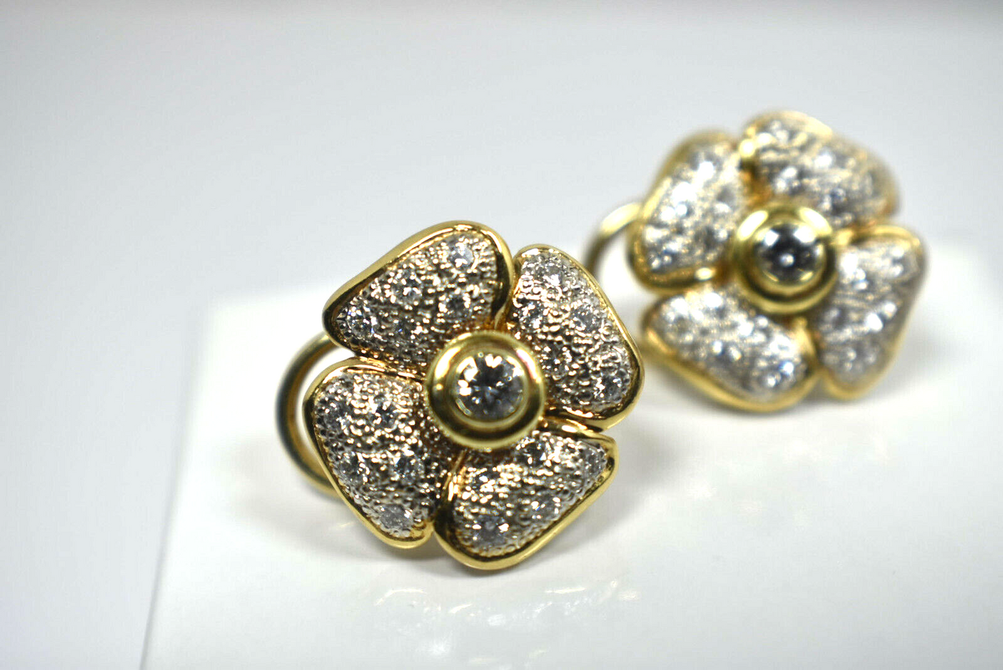 1 ct Pave' Diamond FG-VS1 14K Gold Flower Earrings Omega, 9 Grams Gold, Designer