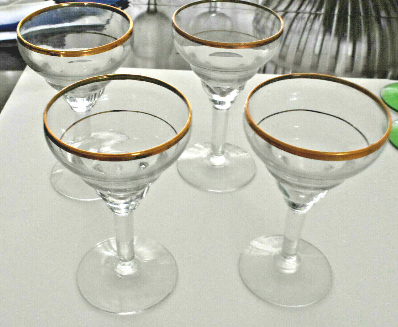 Cunard Queen Elizabeth 2 Cruise Ship Wine Glasses, 4 Gold Rim Martini Glass 1967