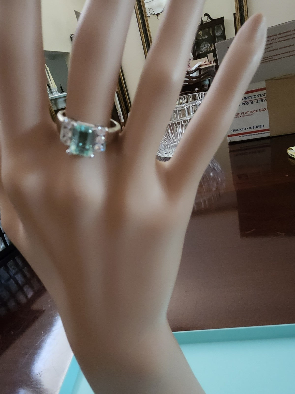 Emerald Cut Emerald & Diamond Engagement Ring / Statement Ring, WG 14K