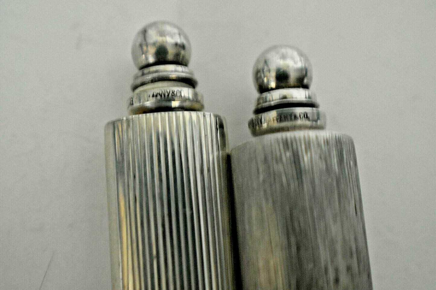 Tiffany & Co. 2 Grooved Mini Perfume Bottles Handbag Size Sterling Silver Rare