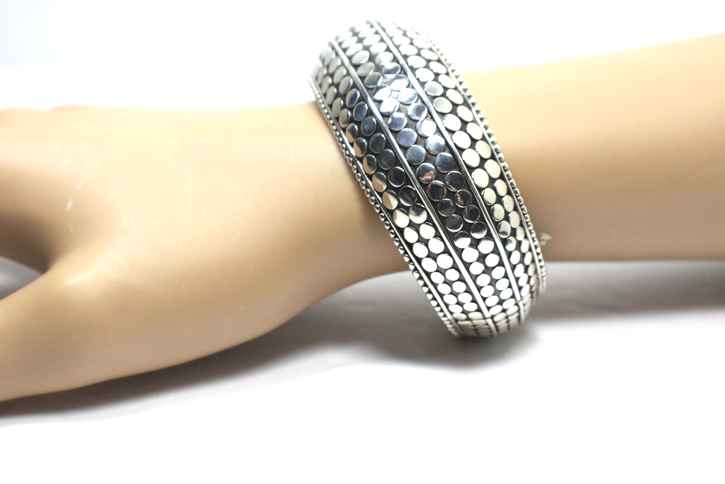 John Hardy Kick Cuff Bangle Dot Bracelet, Wide, Hinged Sterling Silver & Box
