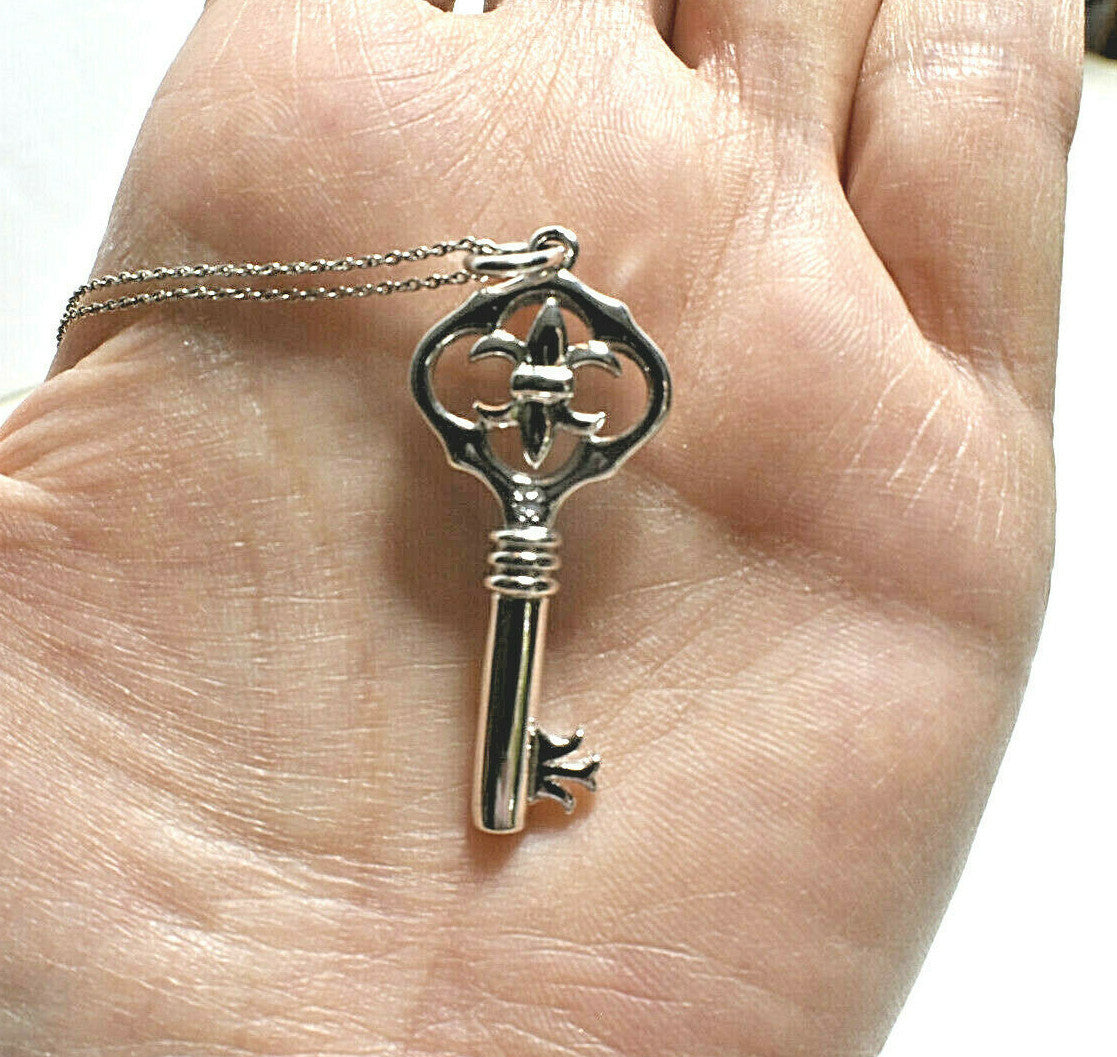 Fleur de Lis Key Pendant + 18" Necklace, Ornate, Beautiful!