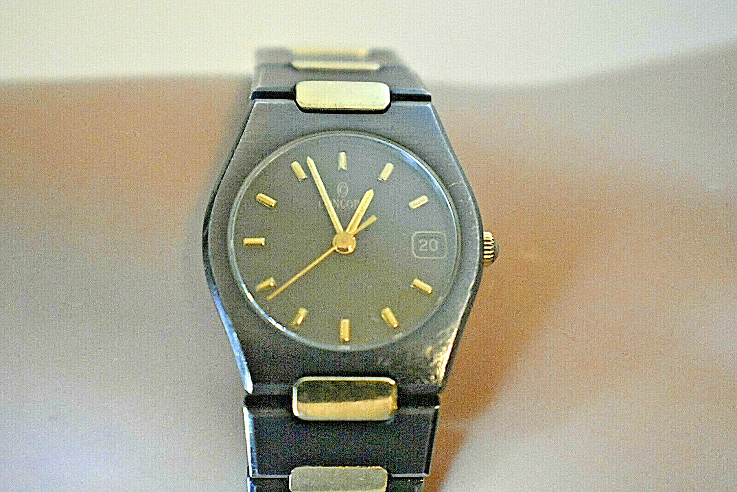 Ladies Concord 18K Gold Plate & Black SS Swiss Date Watch, Boxed, 23mm Rare