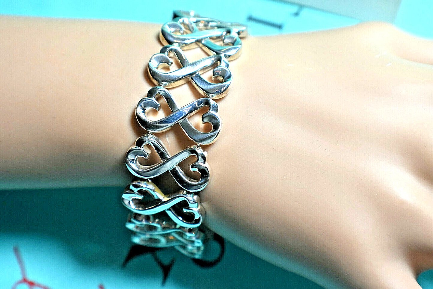RARE Tiffany & Co Double Loving Hearts Bracelet Silver WIDE Pouch & Box