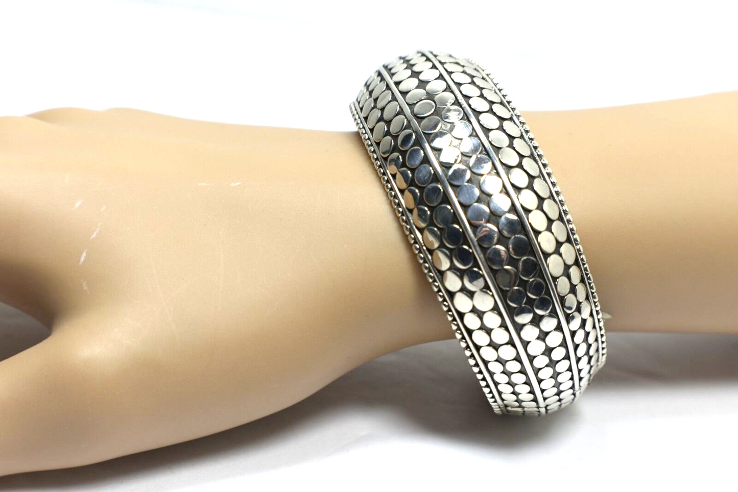 John Hardy Kick Cuff Bangle Dot Bracelet, Wide, Hinged Sterling Silver & Box