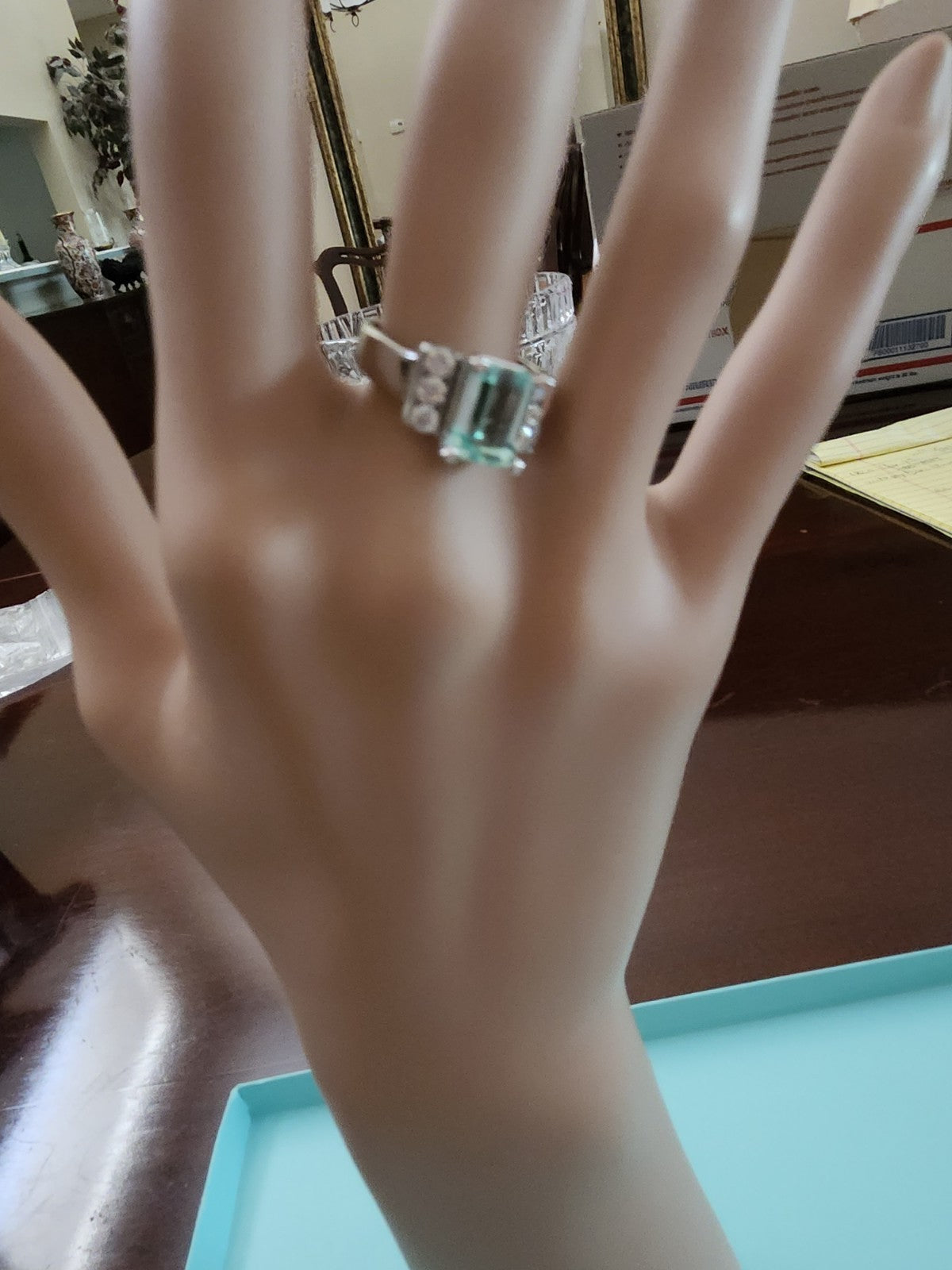 Emerald Cut Emerald & Diamond Engagement Ring / Statement Ring, WG 14K