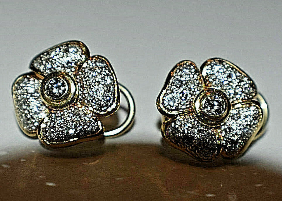 1ct Diamond 14K 2-Tone Gold 4 Leaf Clover Designer Flower Earrings 9 Gram FG VS1