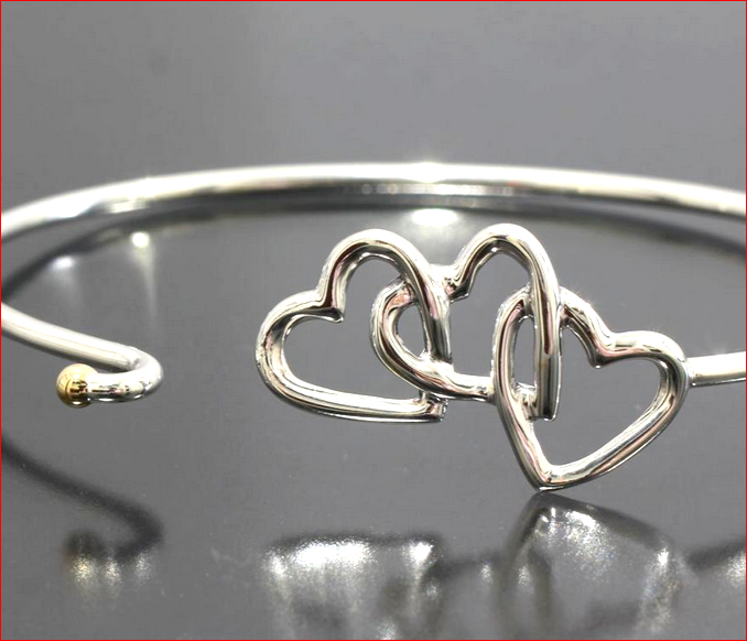 Tiffany & Co Triple Heart Cuff Bangle Bracelet, Opens Sterling Silver & 18k Gold