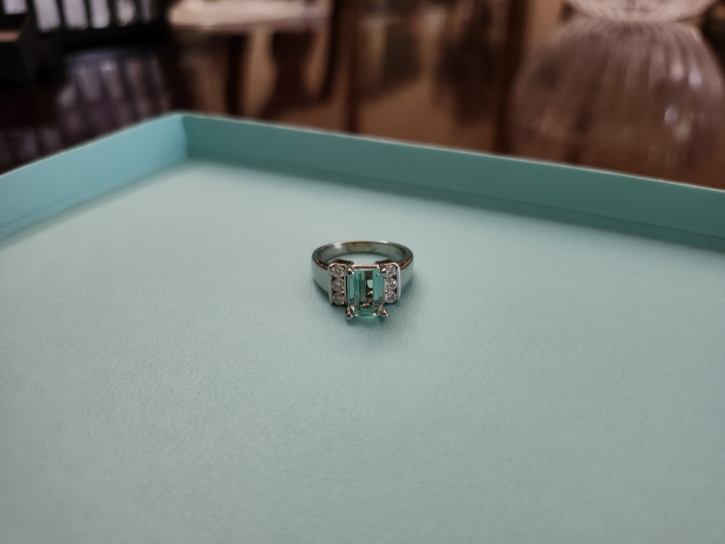 Emerald Cut Emerald & Diamond Engagement Ring / Statement Ring, WG 14K
