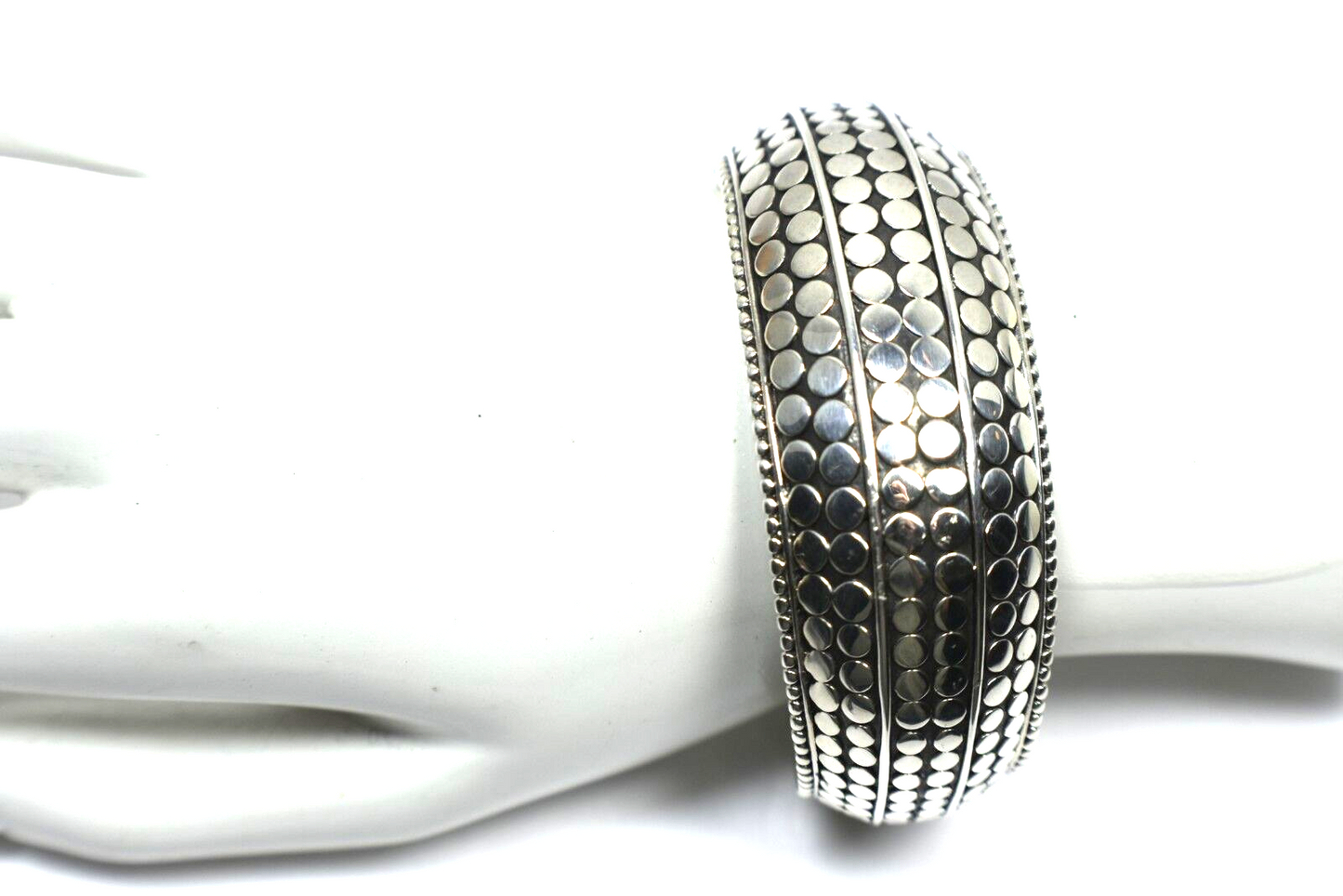 John Hardy Kick Cuff Bangle Dot Bracelet, Wide, Hinged Sterling Silver & Box