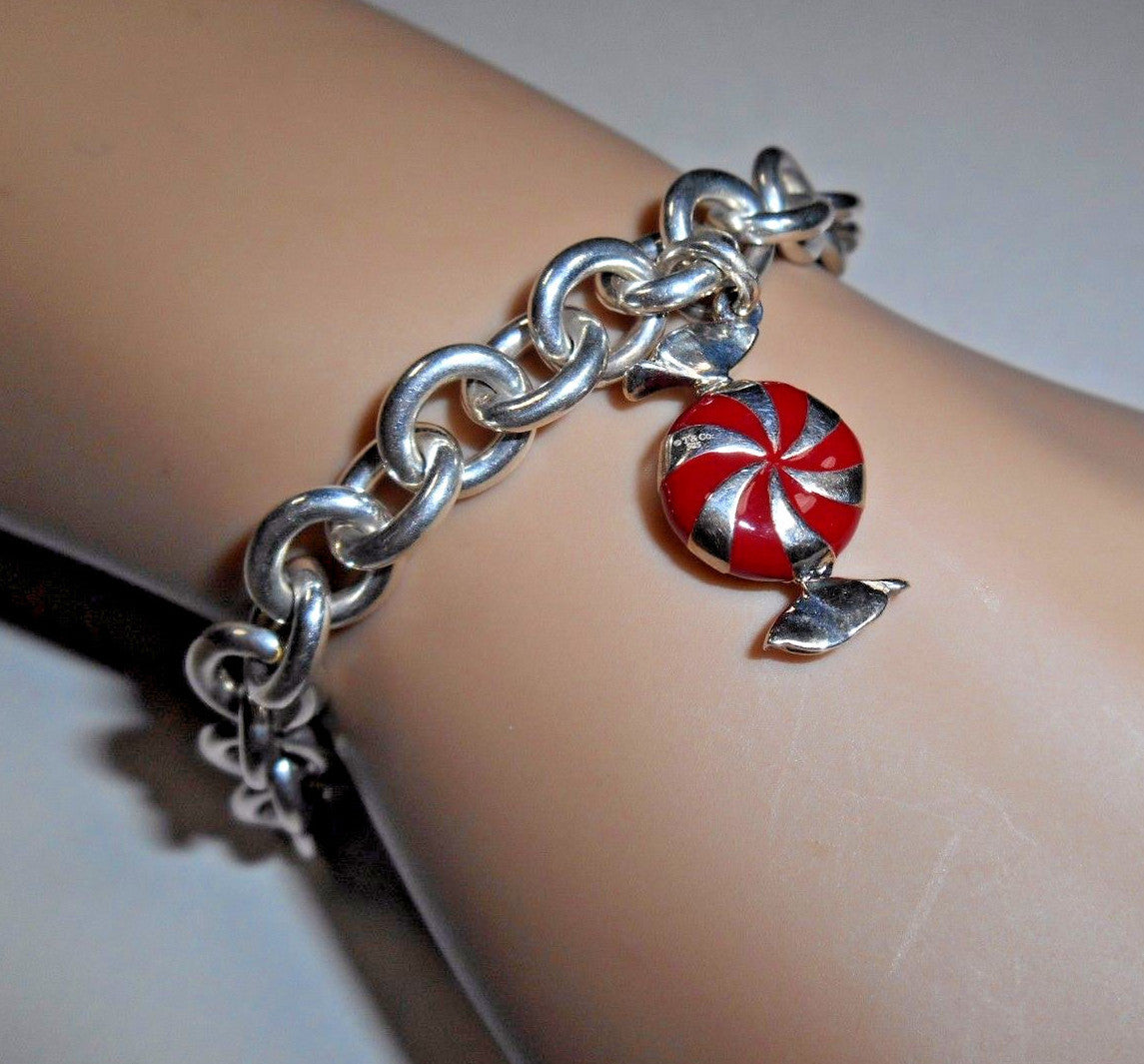 Tiffany & Co Enamel Candy Twist Bon Bon Bracelet Bangle Link Chain Pouch Silver
