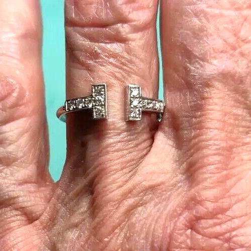 New Tiffany & Co Pave' Diamond T Wire Ring 18K White Gold Size 5, Pouch & Box