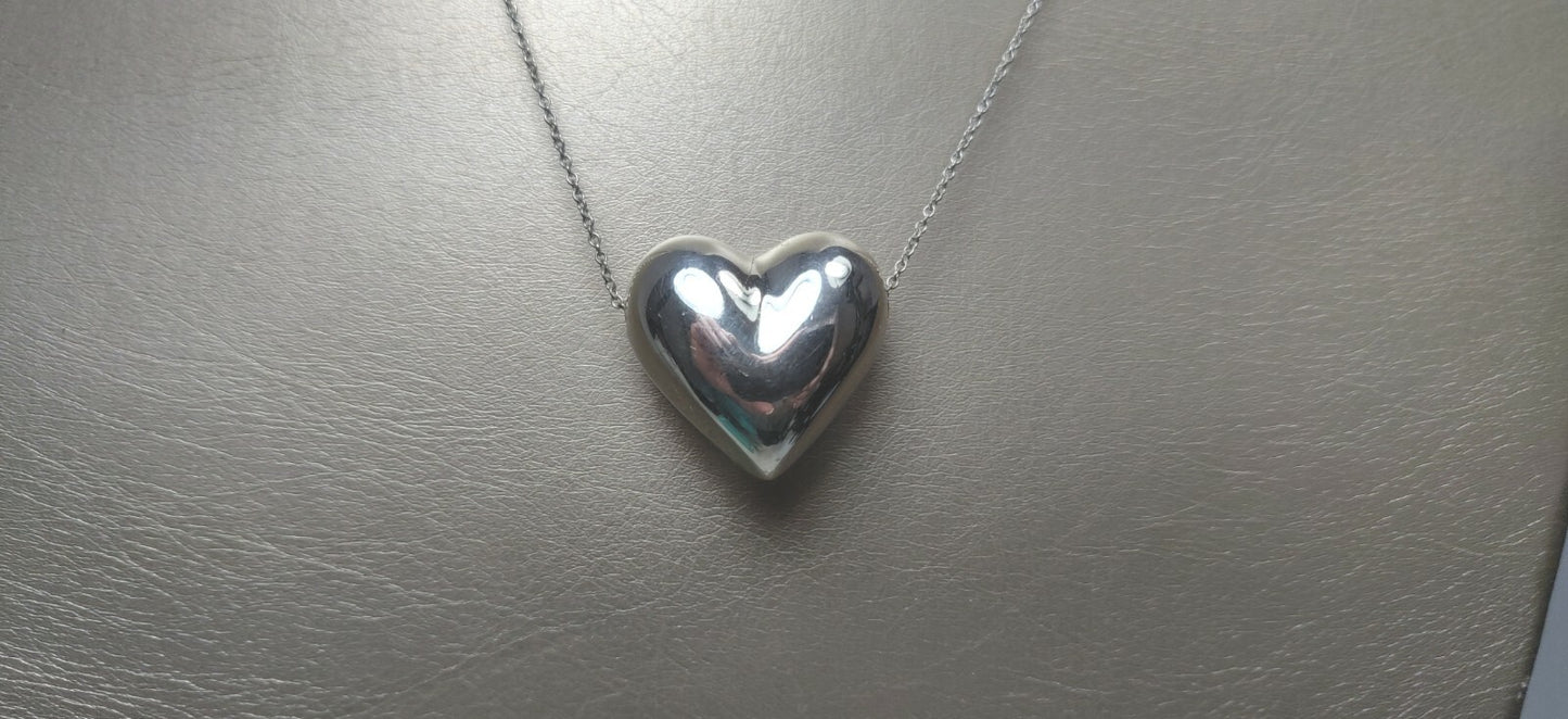 Tiffany & Co Silver Puffed Heart Pendant Charm Necklace Vintage 16"
