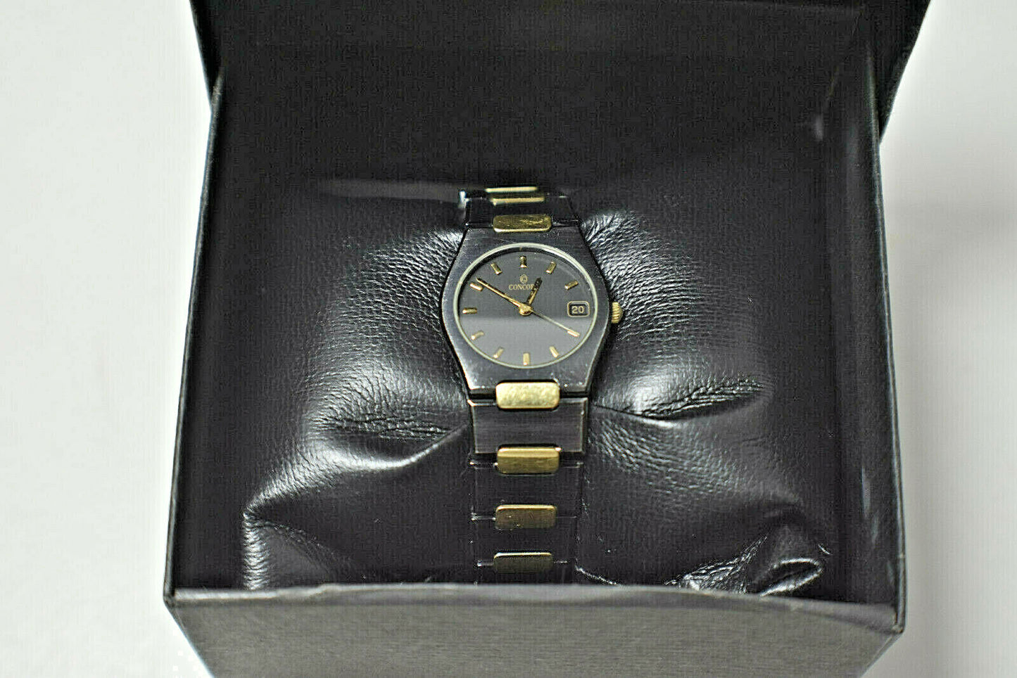 RARE Ladies Concord 18K Gold Gun Metal Black SS Swiss Date Watch w/ Box