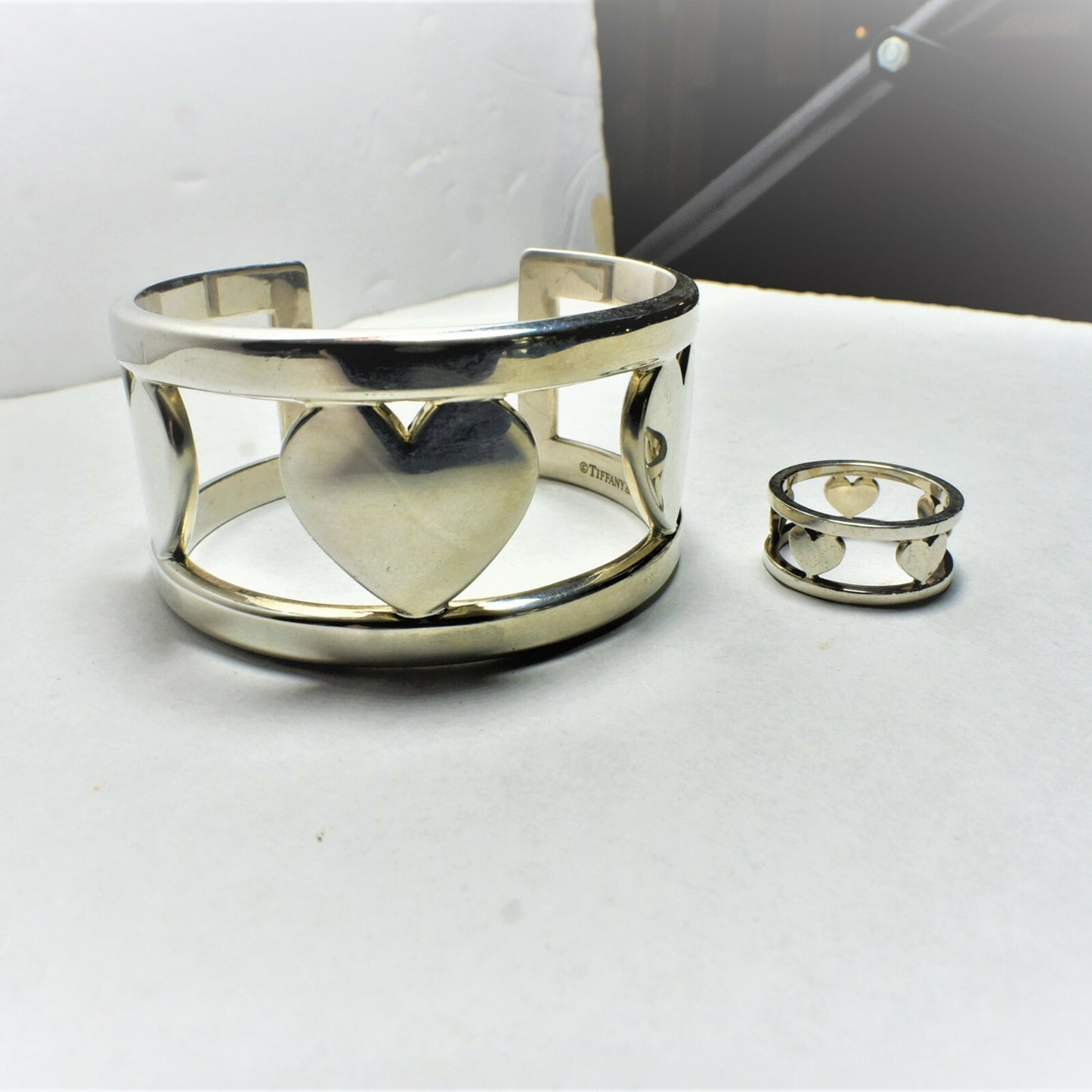 Tiffany &Co Silver Stencil Heart Wide Element Cuff Bangle Bracelet w/ Pouch, Box