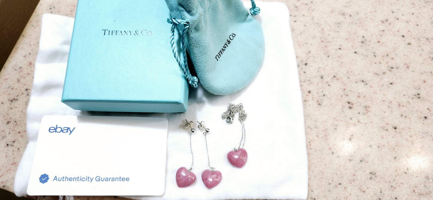 TIFFANY & CO. Heart Carved Pink Rhodonite Necklace & Dangle Earrings Set