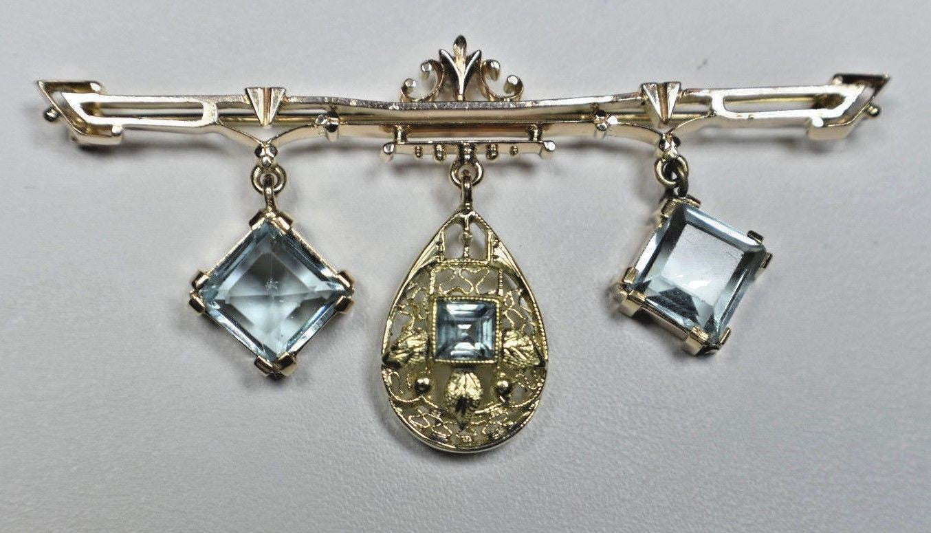 Art Deco Aquamarine Princess Cut Filigree Brooch Pin 14K Gold 2 Tone