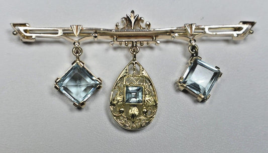 Art Deco Aquamarine Princess Cut Filigree Brooch Pin 14K Gold 2 Tone