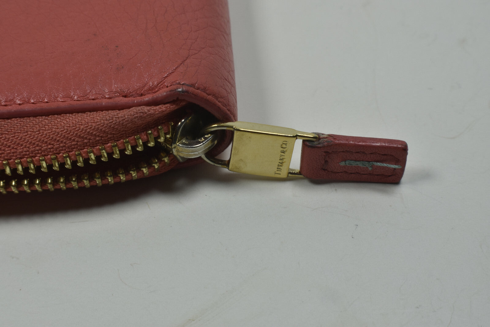 Tiffany & Co Orange Grain Leather Zip Around Wallet w/ Box & Ribbon Etc VGC