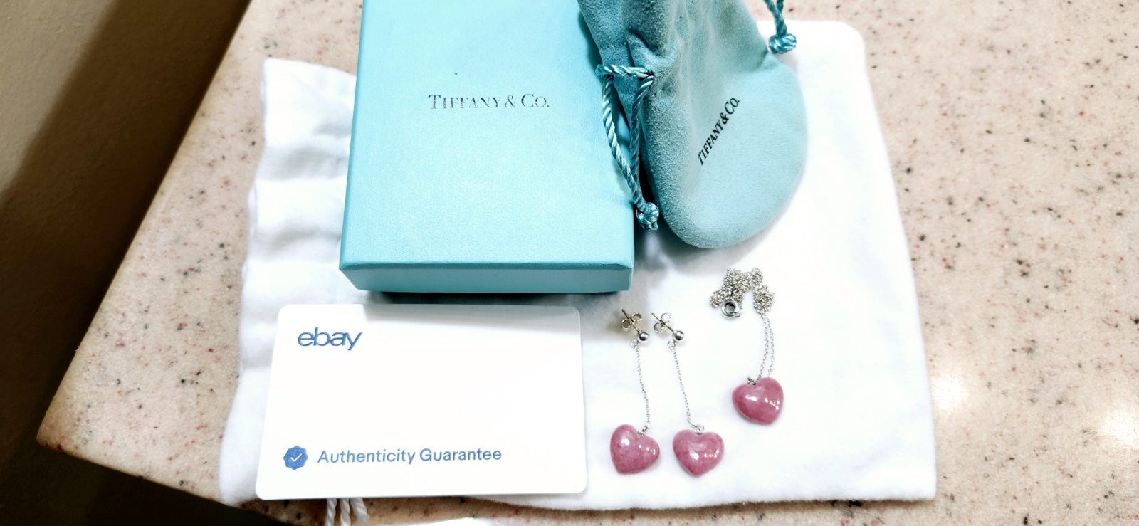 TIFFANY & CO. Heart Carved Pink Rhodonite Necklace & Dangle Earrings Set