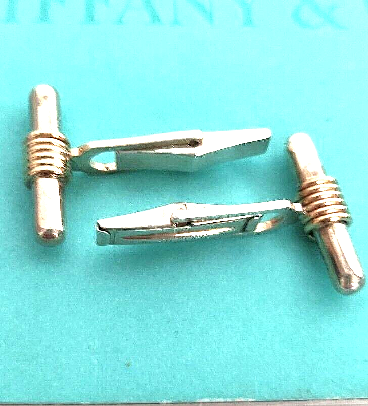 Tiffany & Co Silver & Gold Bar Cuff Links & Pouch Vintage Cufflinks