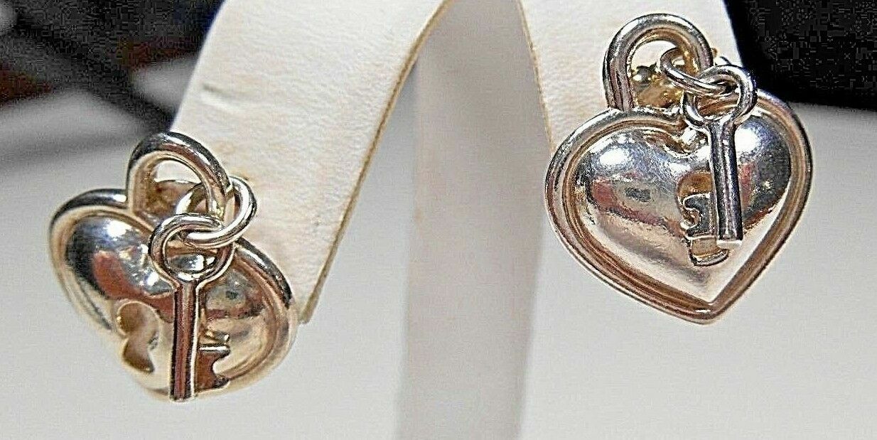 TIFFANY &Co Heart Padlock Lock & Key Earrings Sterling Silver Italy Rare