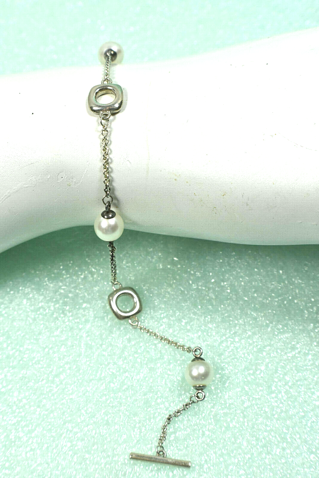 Vintage Tiffany &Co Akoya Pearls Cushion Toggle Silver Bracelet 7" Rare