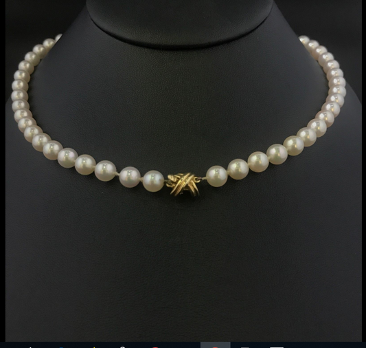 Tiffany & Co 18K Gold 5.5-6mm White Akoya Pearl Signature X 18" Necklace