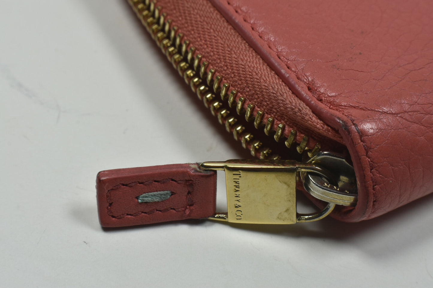 Tiffany & Co Orange Grain Leather Zip Around Wallet w/ Box & Ribbon Etc VGC
