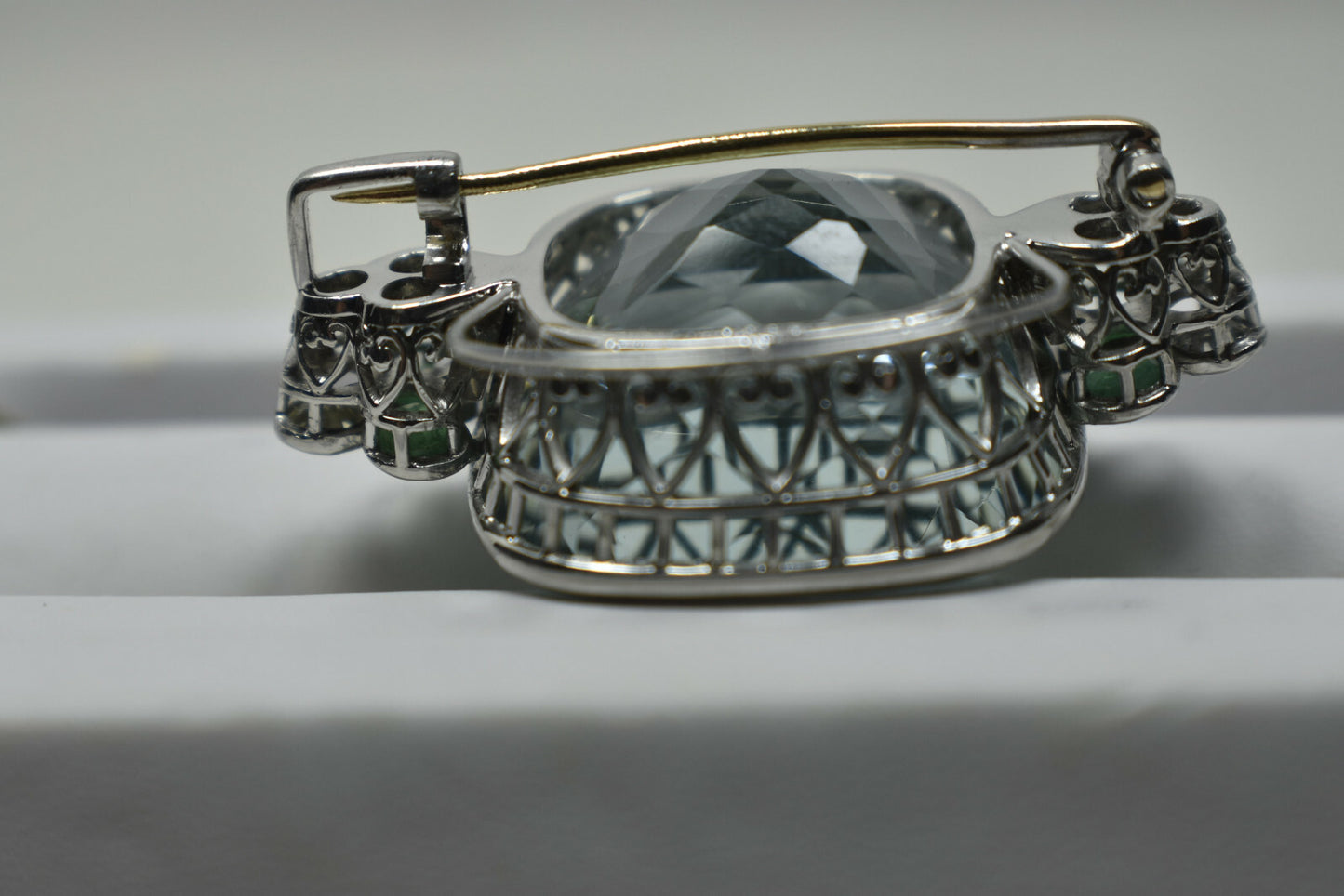Tiffany & Co 50ct Aquamarine, Diamond, Emerald Platinum Brooch Pin Vintage Rare