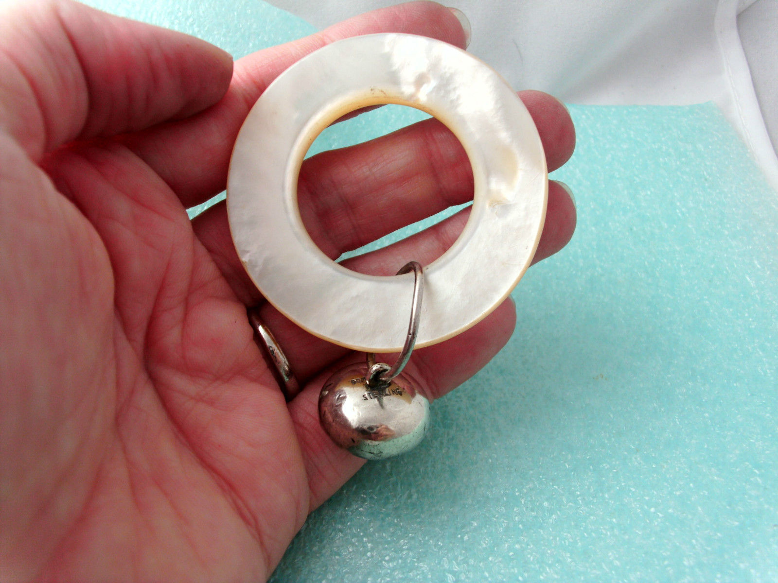 Tiffany & Co Mother of Pearl Sterling Silver Teething Ring Rattle Rare w/ All