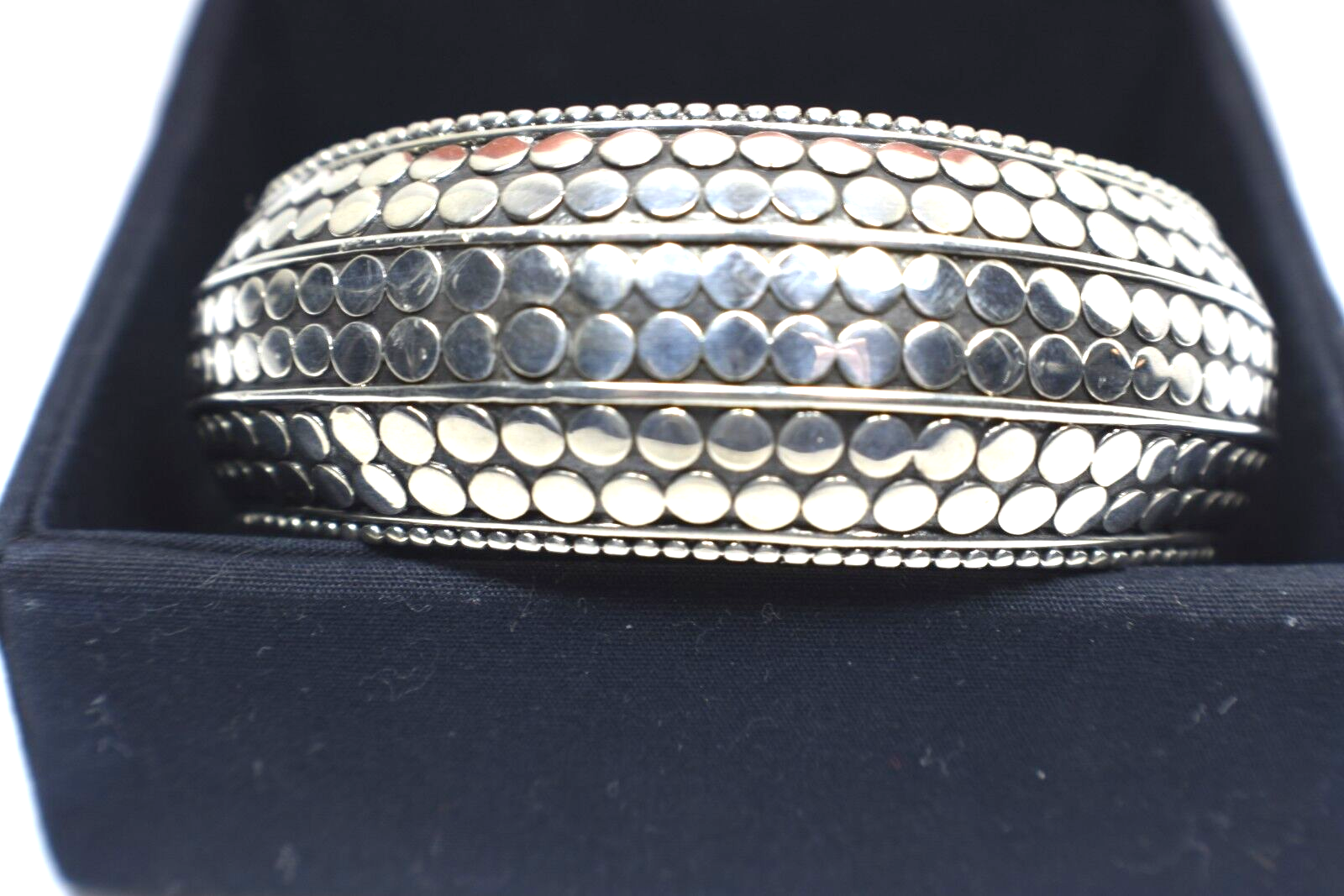John Hardy Kick Cuff Bangle Dot Bracelet, Wide, Hinged Sterling Silver & Box