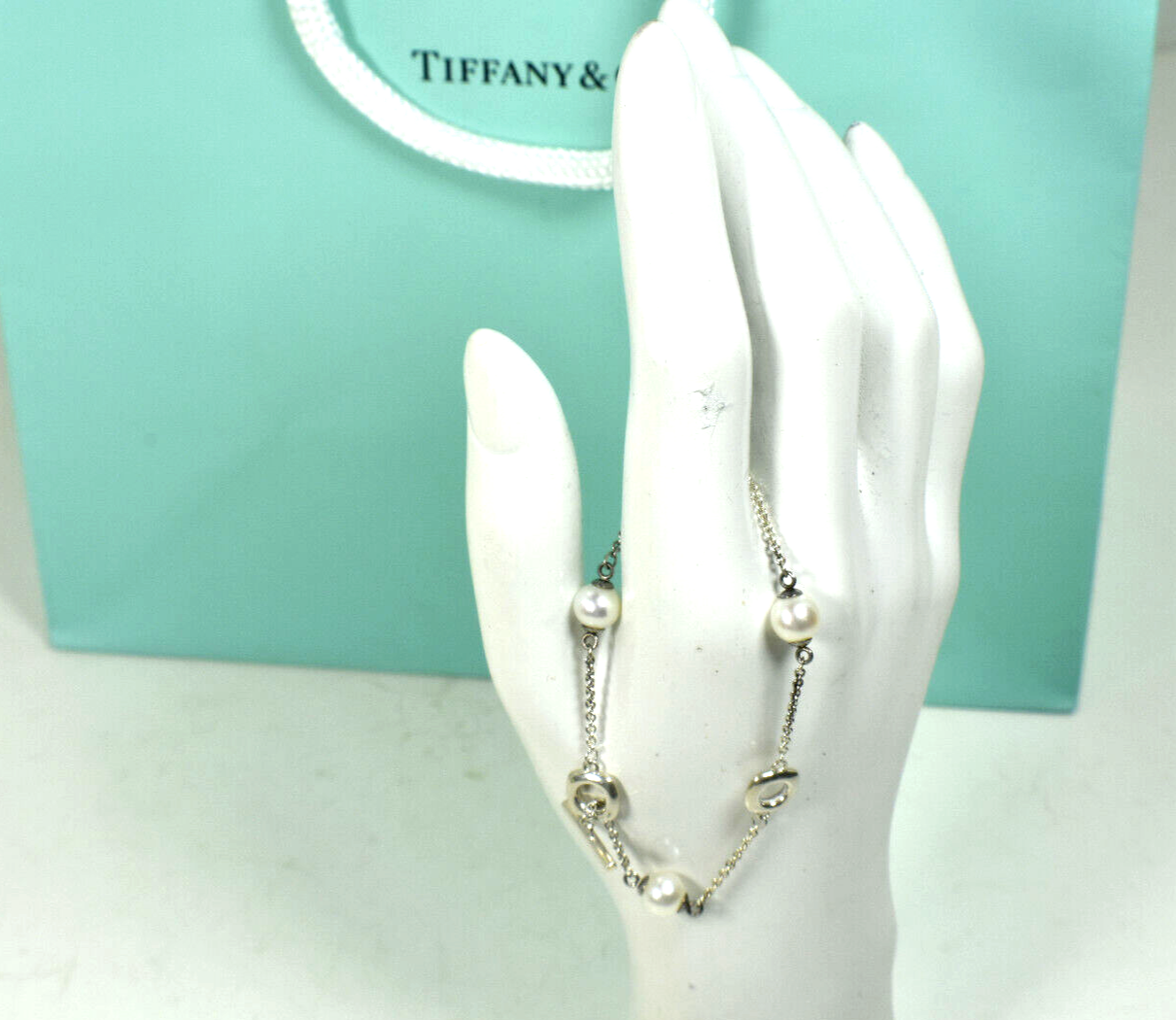 Vintage Tiffany &Co Akoya Pearls Cushion Toggle Silver Bracelet 7" Rare