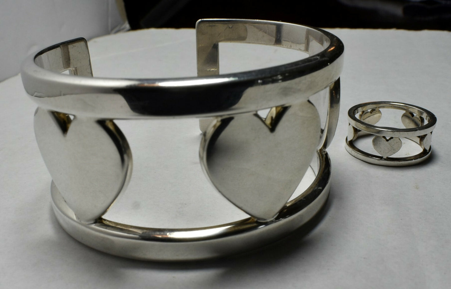 Tiffany &Co Silver Stencil Heart Wide Element Cuff Bangle Bracelet w/ Pouch, Box
