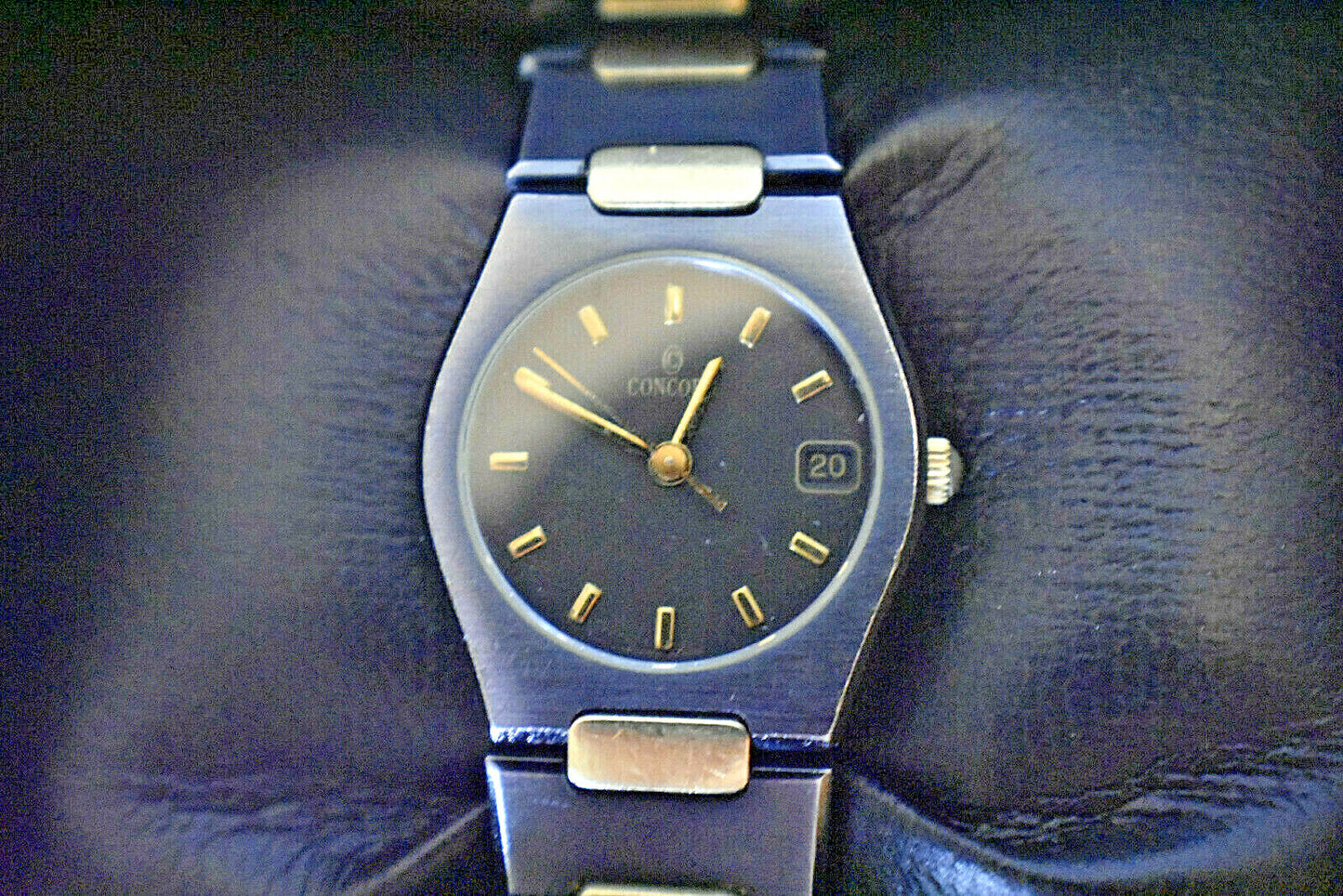 Ladies Concord 18K Gold Plate & Black SS Swiss Date Watch, Boxed, 23mm Rare