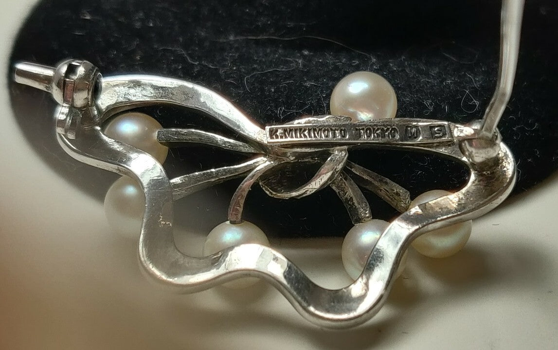 Mikimoto Pearl Brooch Pin Very Vintage Sterling Silver Butterfly with 5mm Pearls