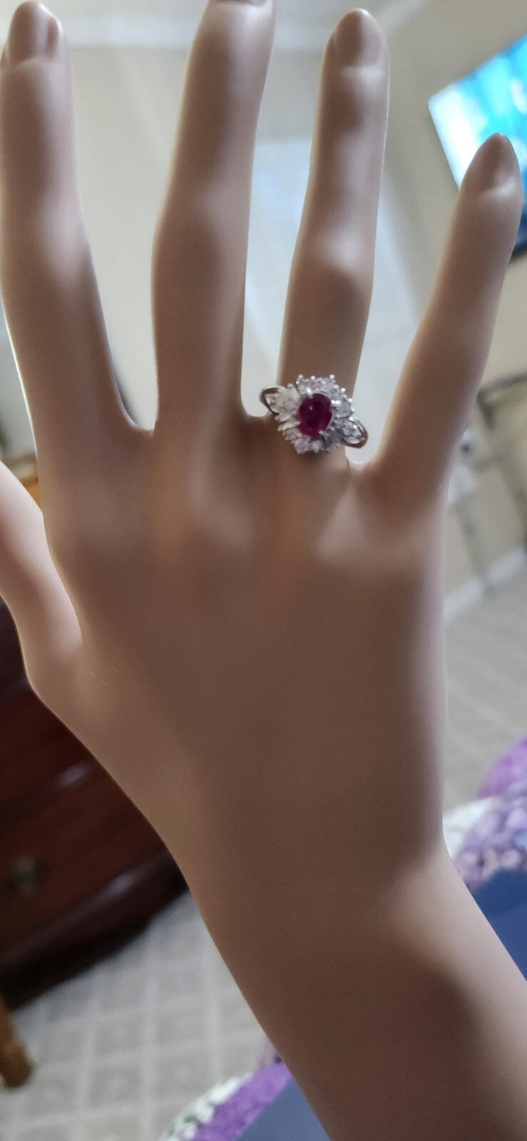 Platinum Ruby Cocktail Engagement Ring 1.30ct G-H Diamond Baguettes Sizable 5.5