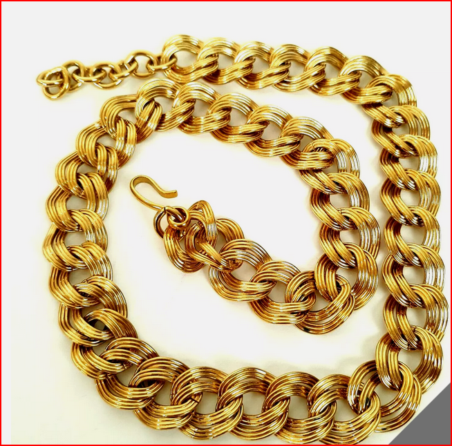 Monet Chunky Adjust. Double Ribbed Link Chain Necklace Gold Tone Vintage