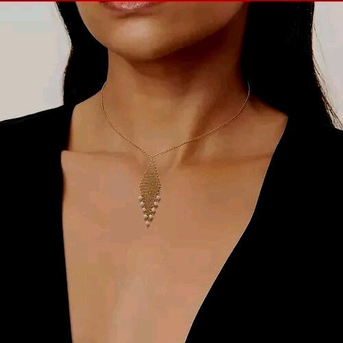 SET -Tiffany & Co 18K Gold Mesh Fringe Necklace & Earrings Pearls, Diamond Shape