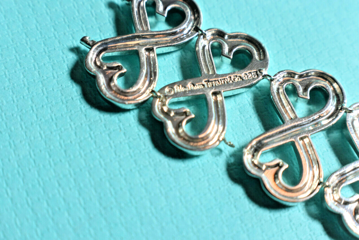 RARE Tiffany & Co Double Loving Hearts Bracelet Silver WIDE Pouch & Box