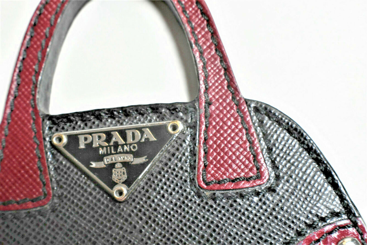 Prada HandBag Charm, Key Ring, Purse Fob. Leather & Silver, Never Used