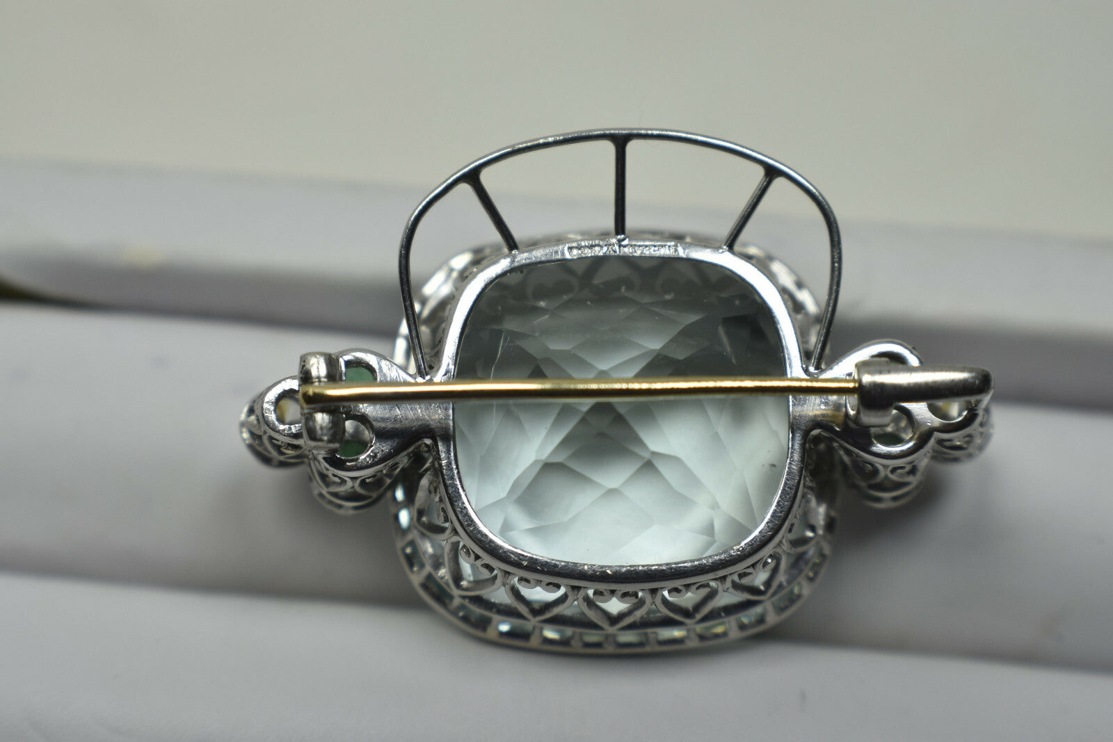 Tiffany & Co 50ct Aquamarine, Diamond, Emerald Platinum Brooch Pin Vintage Rare