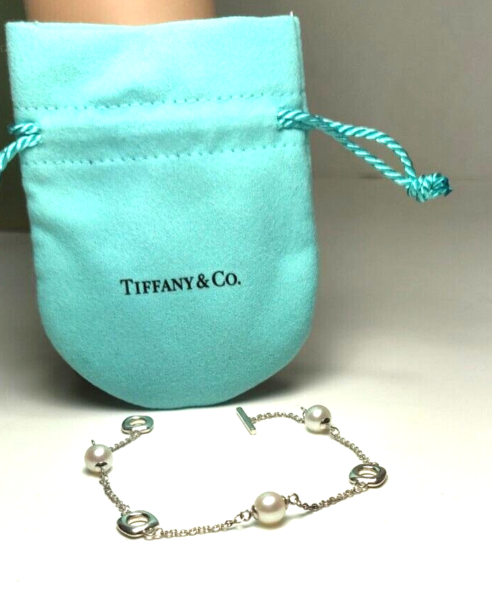 Vintage Tiffany &Co Akoya Pearls Cushion Toggle Silver Bracelet 7" Rare