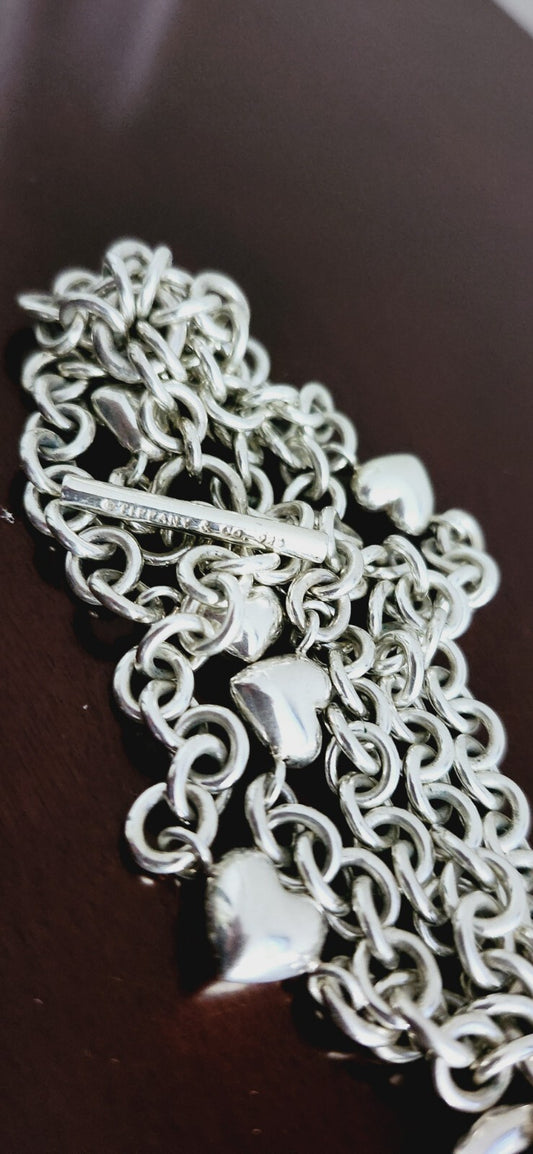 TIFFANY & Co Puffed Heart Multi-Strand Chain Toggle Clasp Bracelet Vintage RARE