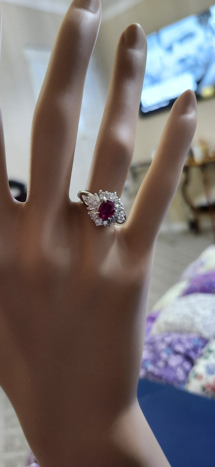 Platinum Ruby Cocktail Engagement Ring 1.30ct G-H Diamond Baguettes Sizable 5.5