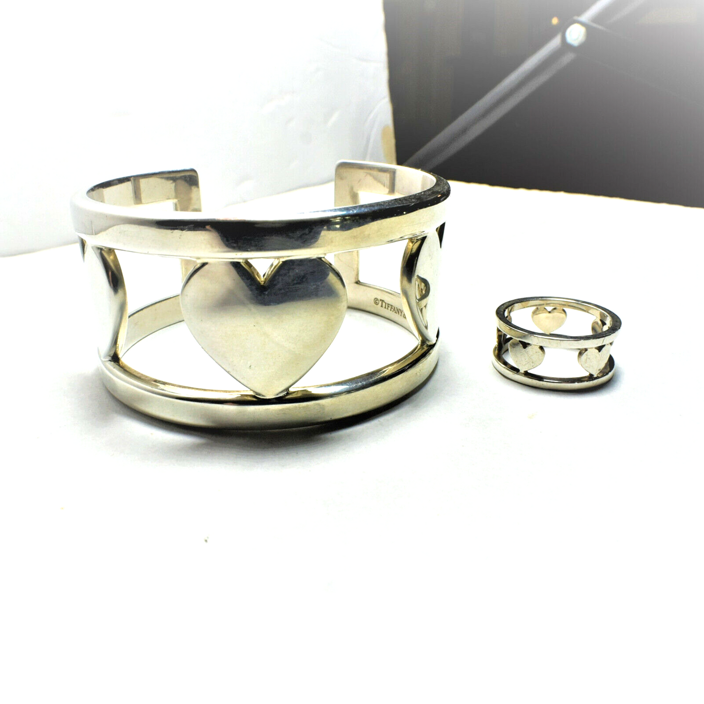 Tiffany & Co Triple Heart Cuff Bangle Bracelet, Opens Sterling Silver & 18k Gold